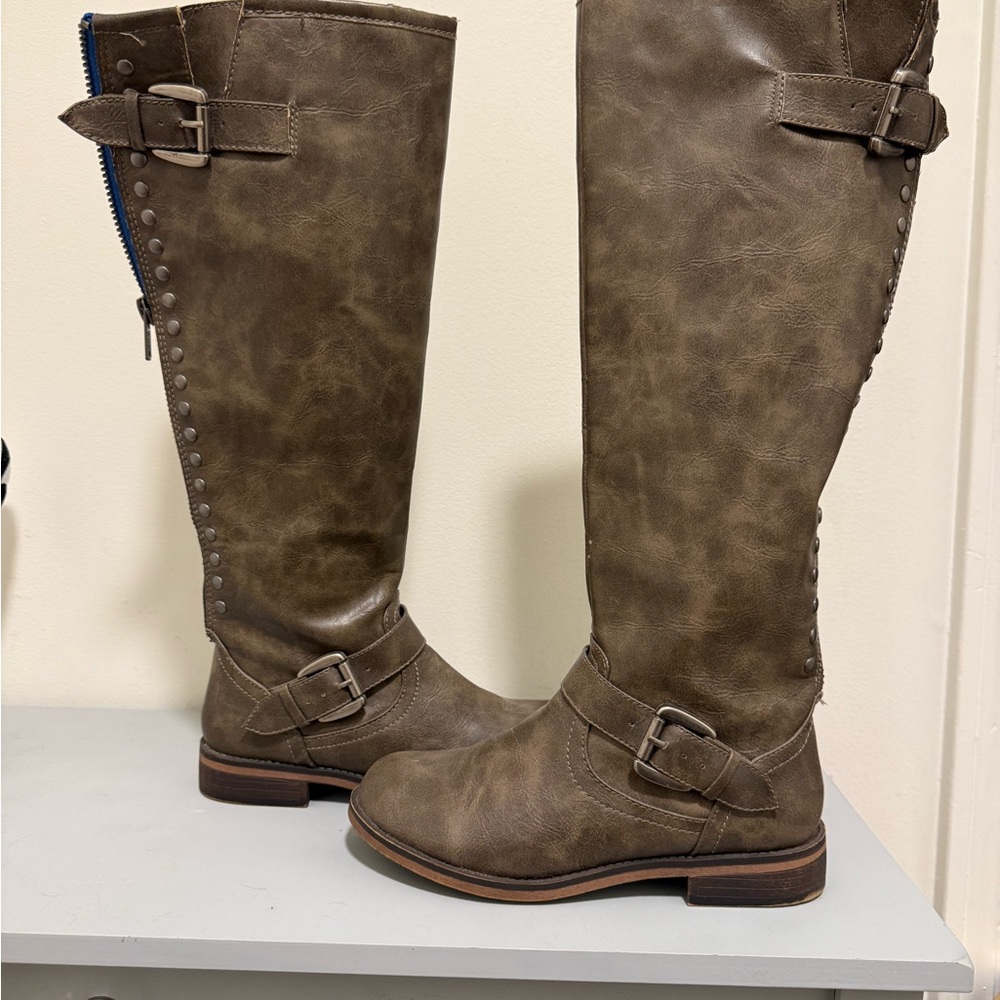 Candie's Brown Over the Knee Boots with Buckle and Stud Detail